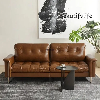 Medieval oil wax leather creative sofa living room retro old caramel color large straight row sofa