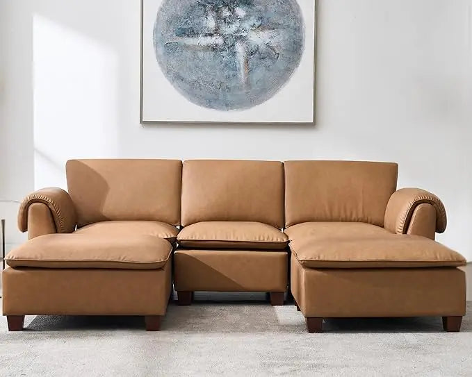 Modern Cloud Couch with Ottoman, 85 Inch Modular Sectional Sofa 3 Seat U Shaped with Waterfall Armrest Cushion Bac