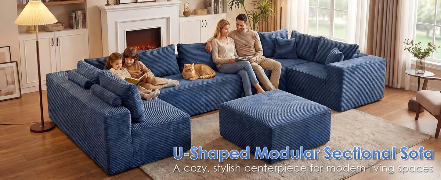 Redlife 107" Boneless Couch with Ottoman, 6 Seat Modular Sectional Sofa,Blue Corduroy Upholstery,28" Deep Seat,Removable Covers