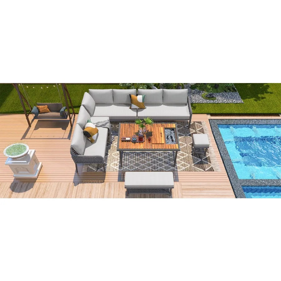 KK 6Piece Rope Patio Furniture LShaped Set Outdoor Sectional Sofa Set with Acacia Wood Table with Ice Box Rope Benches Rope Con