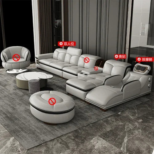 Smart Leather Sofa Massage for Left and Right Noblewomen, Cowhide Solid Wood Living Room Corner Small Unit