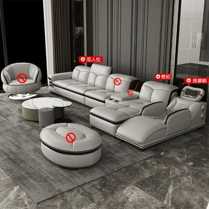 Smart Leather Sofa Massage for Left and Right Noblewomen, Cowhide Solid Wood Living Room Corner Small Unit