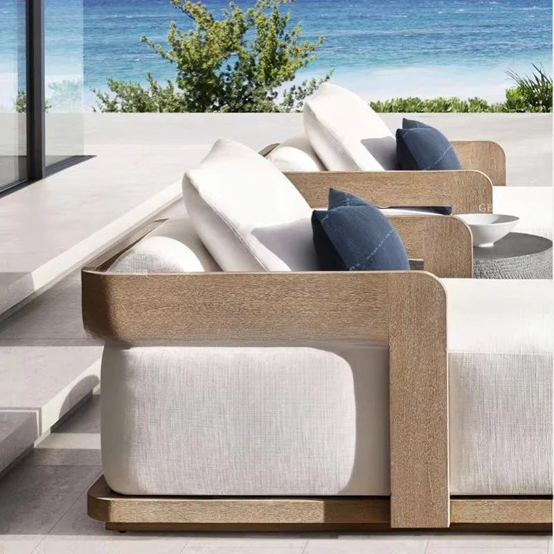 Contemporary Style Comfortable Teak Wood Garden Furniture Set Modern Outdoor Patio Conversation Sofa with Fire Pit