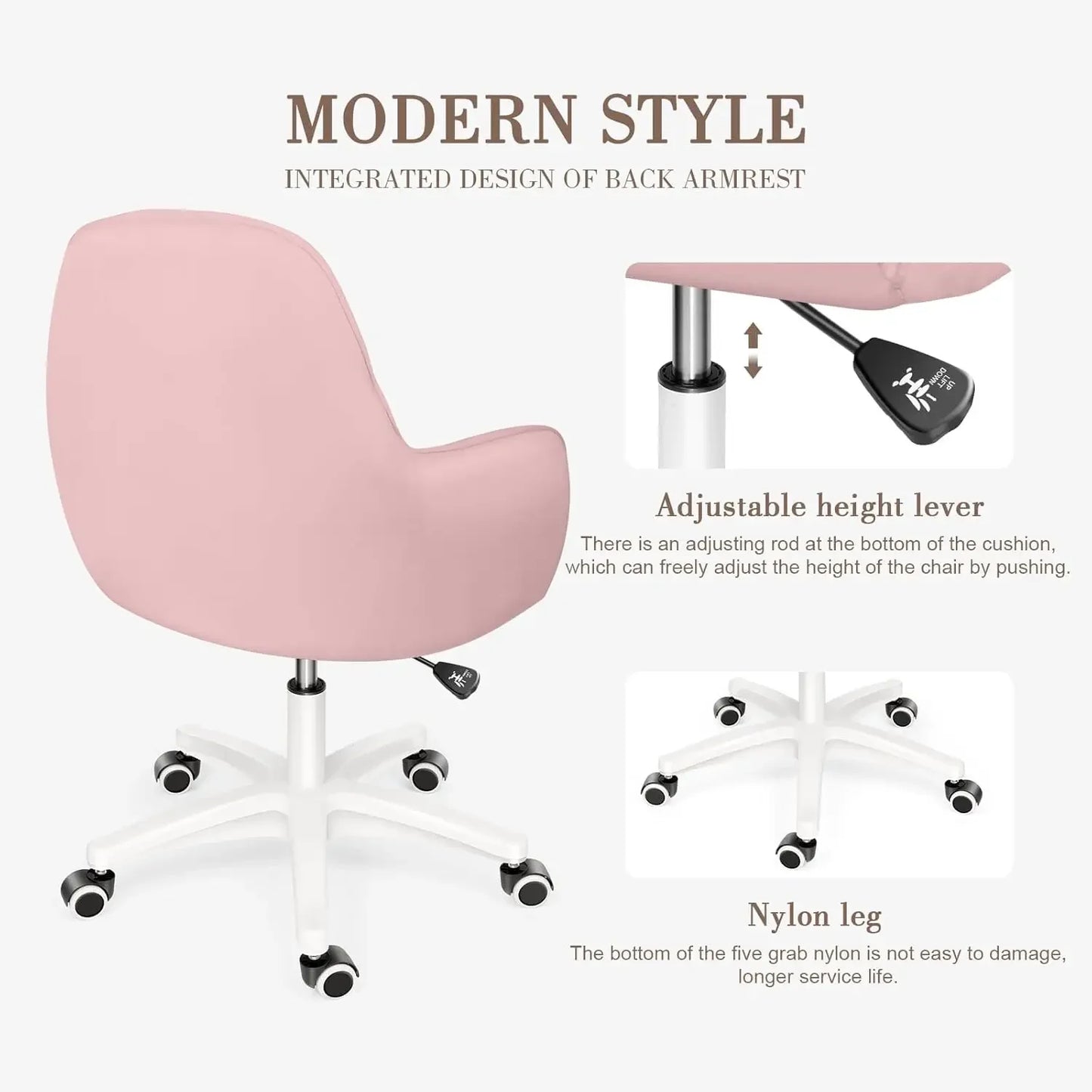Mid Back Velvet Office Chair with Swivel Base Rolling Casters Adjustable Height Ergonomic Design for Computer Desk Bedroom