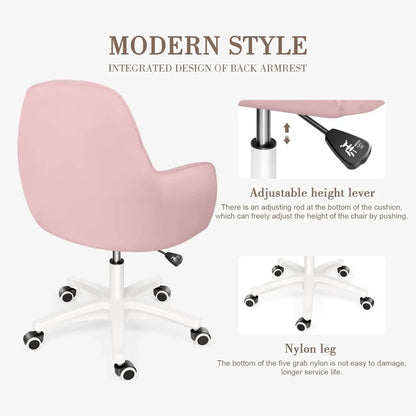 Mid Back Velvet Office Chair with Swivel Base Rolling Casters Adjustable Height Ergonomic Design for Computer Desk Bedroom