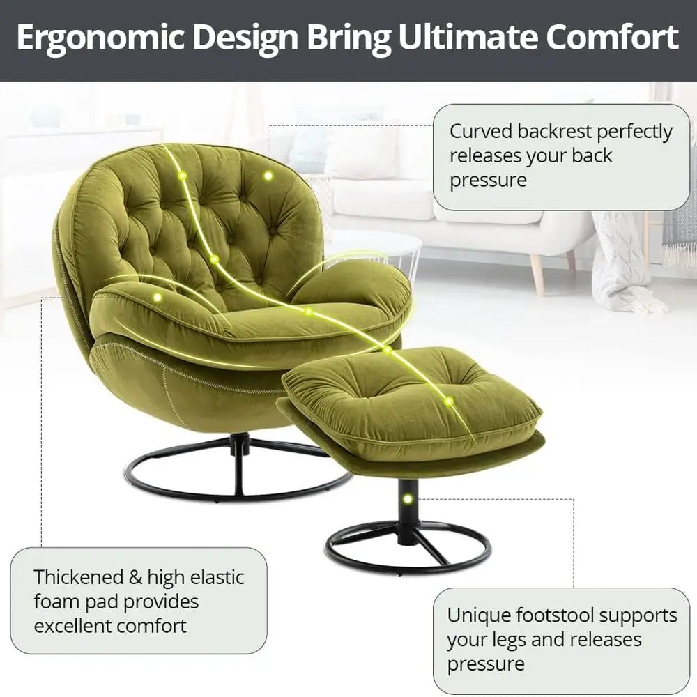 Velvet Swivel Accent Chair with Ottoman Set, Modern Lounge Chair with Metal Base Frame & Footrest, Comfy Single Leisure Sofa Cha
