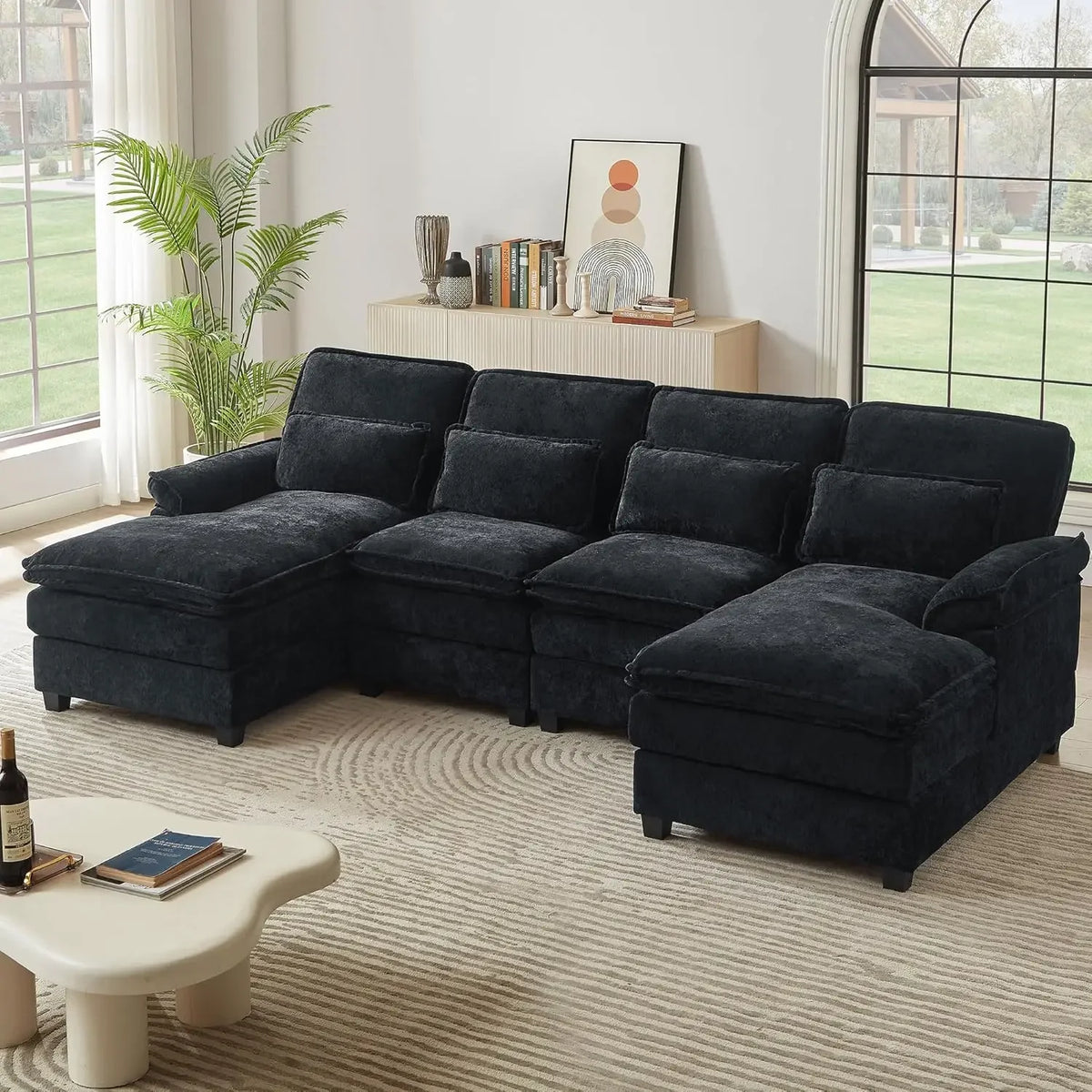 Chenille Sofa Sleeper Deep Seat Sofa with 4 Throw Pillows, 4-Seater,113
