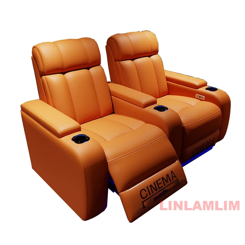 Linlimlam Luxury Genuine Leather Electric Recliners Cinema Chairs with Cup Holder, LED Light – Home Theater Power Reclining Sofa