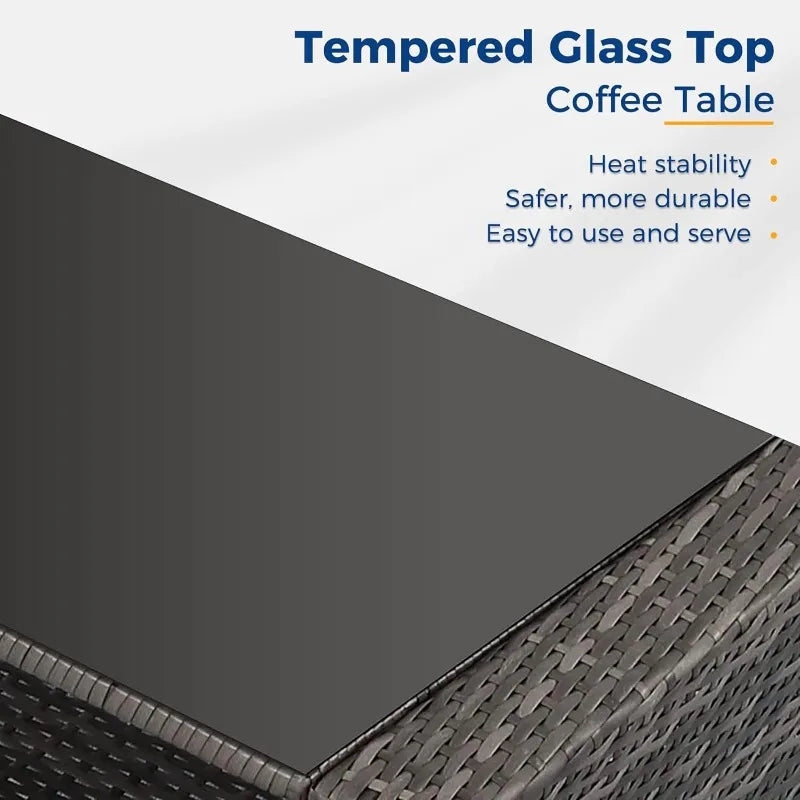 5-Piece Patio Set All Weather Wicker, Outdoor Sofa with Cushions & Glass Table, Grey Conversation Set