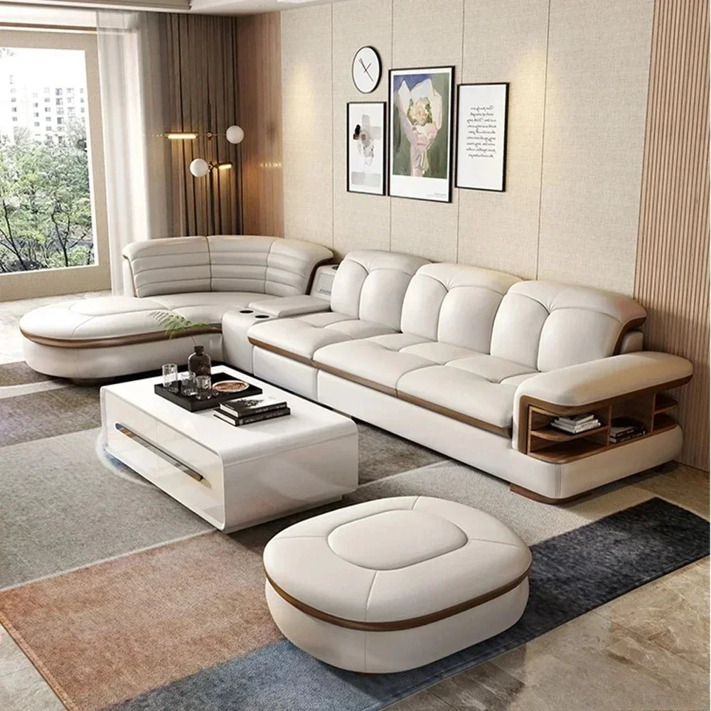 Luxury L-Shaped Genuine Leather Sectional Sofa Sets with USB, Bluetooth Speaker - MINGDIBAO Living Room Italian Leather Couches