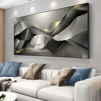 Modern Abstract Canvas Art - Golden Lines & Black/Gray Textured Design for Living Room or Bedroom Decor,