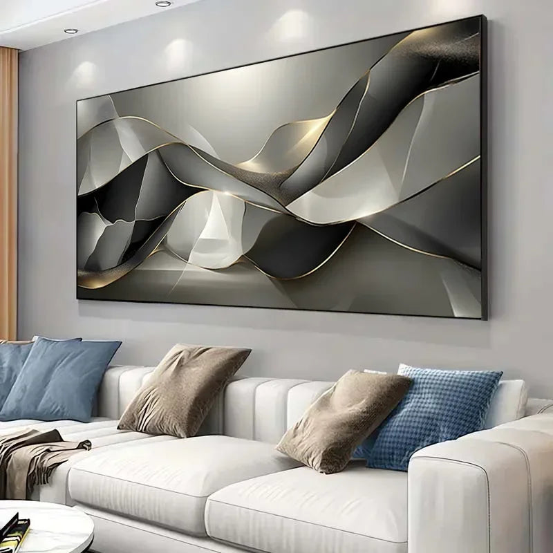 Modern Abstract Canvas Art - Golden Lines & Black/Gray Textured Design for Living Room or Bedroom Decor,