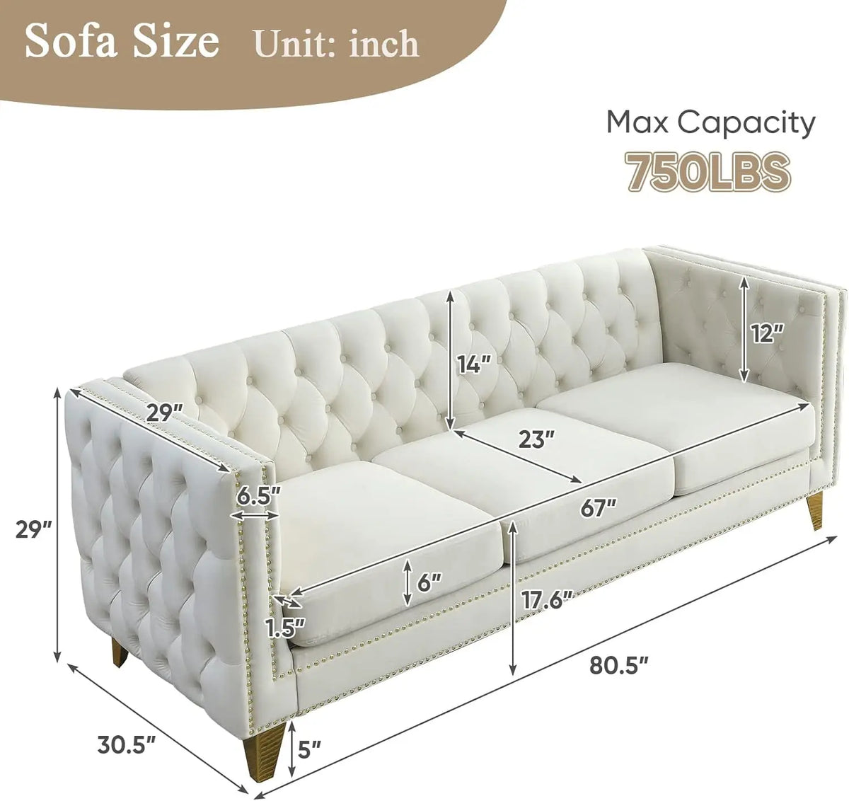 80-inch Modern Velvet 3-Seater Sofa with Button Tufted Design, Gold Metal Legs for Living Room