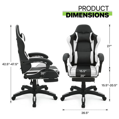 Video Game Desk Chair - Ergonomic Computer with Footrest and Comfy Lumbar Support, PU Leather Recliner with 360° Swivel