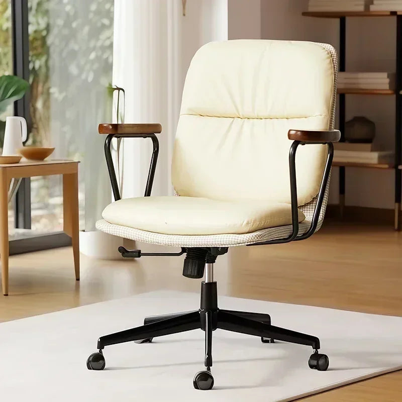 Comfortable Genuine Leather Chair Steel-Legged Adjustable Swivel Seat Ergonomic Desk Chair for Prolonged Sitting