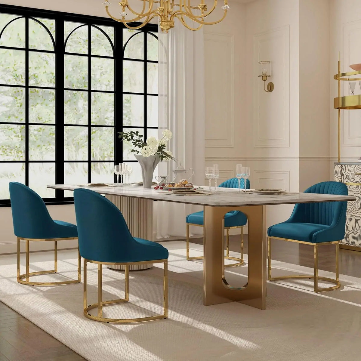 White Chenille Upholstered Dining Chairs Set of 4, Modern Dining Chair with Gold Legs, Kitchen Room Chairs Open Back Barrel Dini