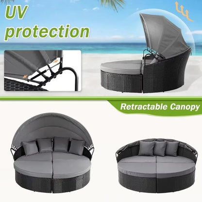 Nordic luxury Leisure Round Daybed with Retractable Canopy,Outdoor Furniture with Washable Cushions, Clamshell Sectional Seating