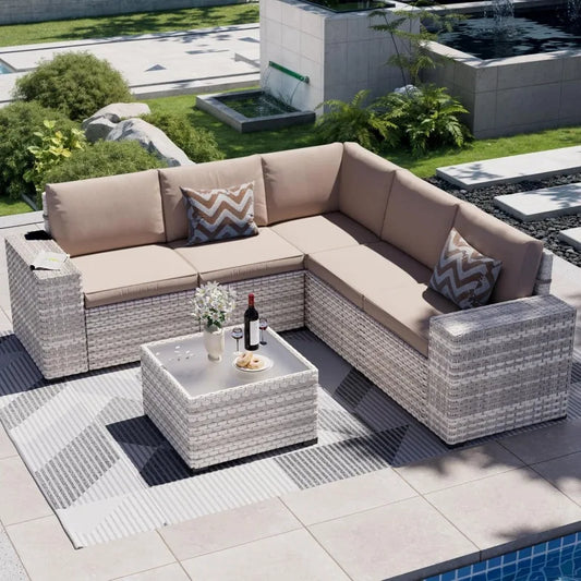6-Piece Modular Sectional Set - Outdoor Furniture Conversation Sofa for Garden, Balcony, Lawn