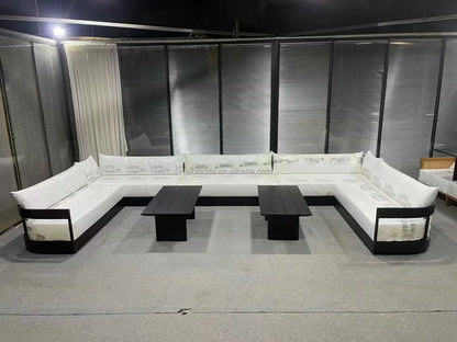 Modern Outdoor Furniture Set Waterproof Fire Pit with Teak Wooden Bench & Rattan Aluminum Cast Sofa Garden Living Room Hotels