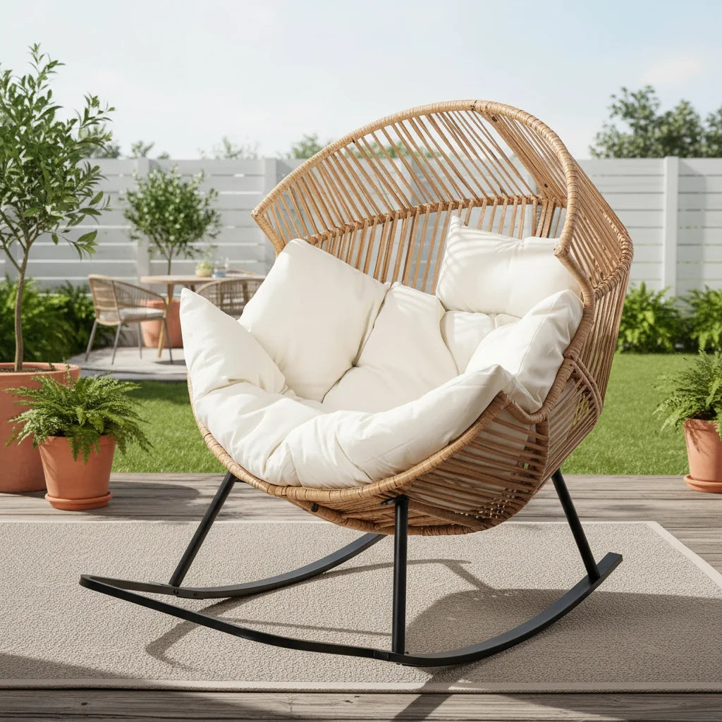 PE Rattan Egg Rocking Chair with Cushion, Oversized Patio Lounge for Outdoor Indoor Garden Balcony Beige