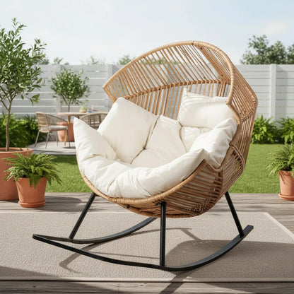 PE Rattan Egg Rocking Chair with Cushion, Oversized Patio Lounge for Outdoor Indoor Garden Balcony Beige