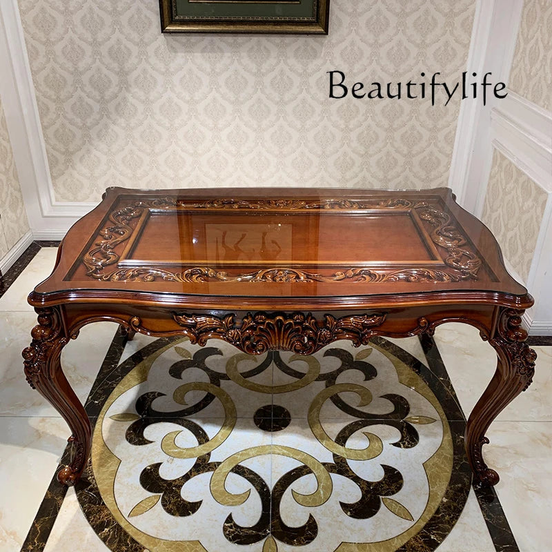 European-style all-solid wood dining table and chairs, living room, luxury villa home square table, French glass dining table