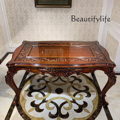 European-style all-solid wood dining table and chairs, living room, luxury villa home square table, French glass dining table