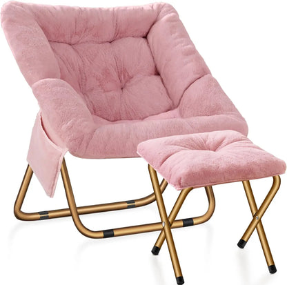 Comfy Saucer Chair, Foldable Living Room Chairs, Soft Faux Fur Lounge Chair For Bedroom, Reading Chairs For Adults