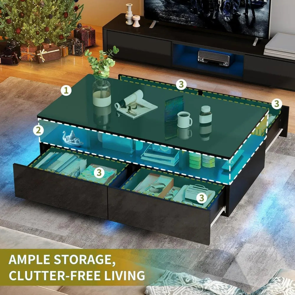 Modern Rectangular Black High Gloss LED Coffee Table with 4 Drawers for Living Room Storage