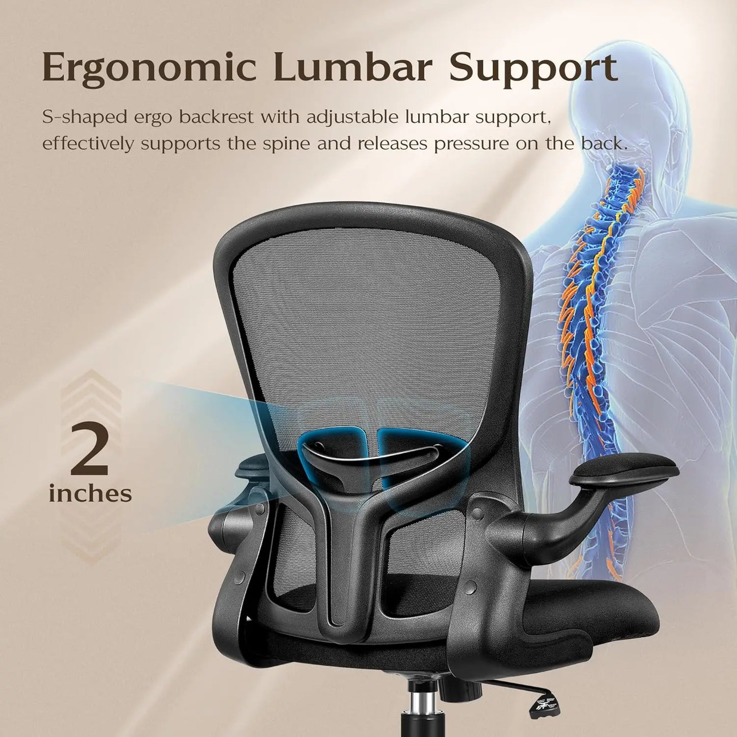 Ergonomic Office Chair with Adjustable Lumbar Support, Height & Flip-up Armrests - Black Mesh Backrest for Comfort