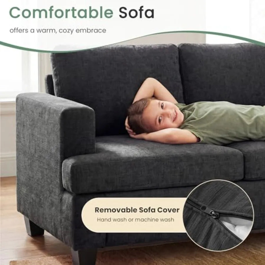2 Piece Set Comfy Sofa Couch 3 Seater Loveseat with Deep Seats Modern Sleeper Couch for Living Room Dark Grey Chenille