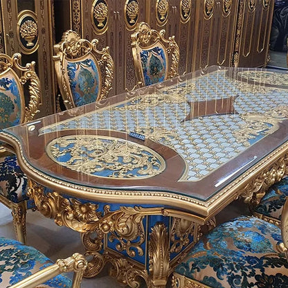 French Royal Baroque Dining Set — Hand-Carved Solid Wood Table with Upholstered Chairs, Luxury Gold for Villa/Hotel