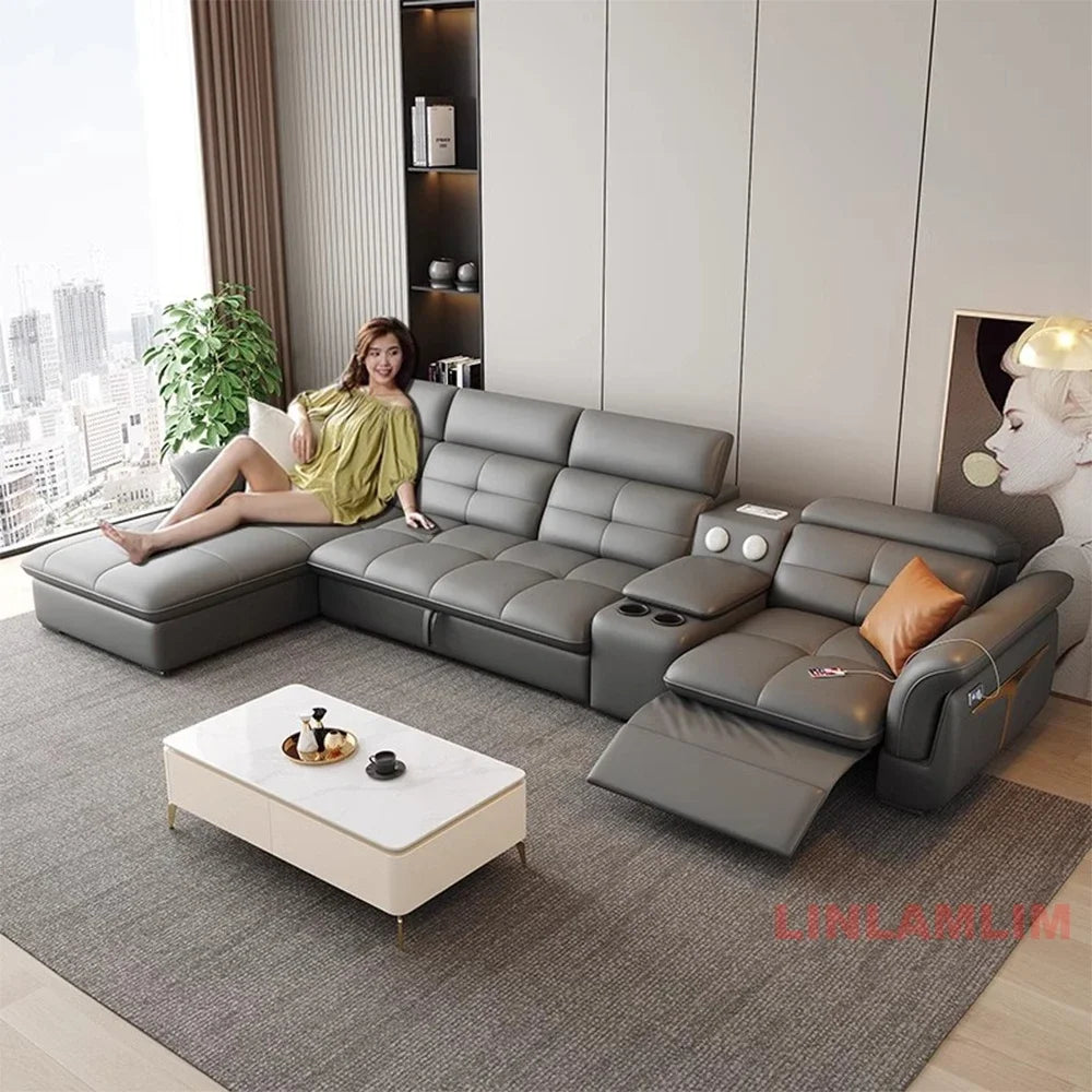 Modern Electric Recliner Sofa Bed with Adjustable Backrest, L-Shaped Multifunctional Italian Genuine Leather Sectional Couch