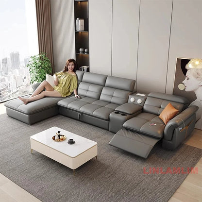 Modern Electric Recliner Sofa Bed with Adjustable Backrest, L-Shaped Multifunctional Italian Genuine Leather Sectional Couch