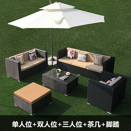 Outdoor rattan sofa, rainproof and sunscreen woven three piece set, tea table combination, outdoor furniture