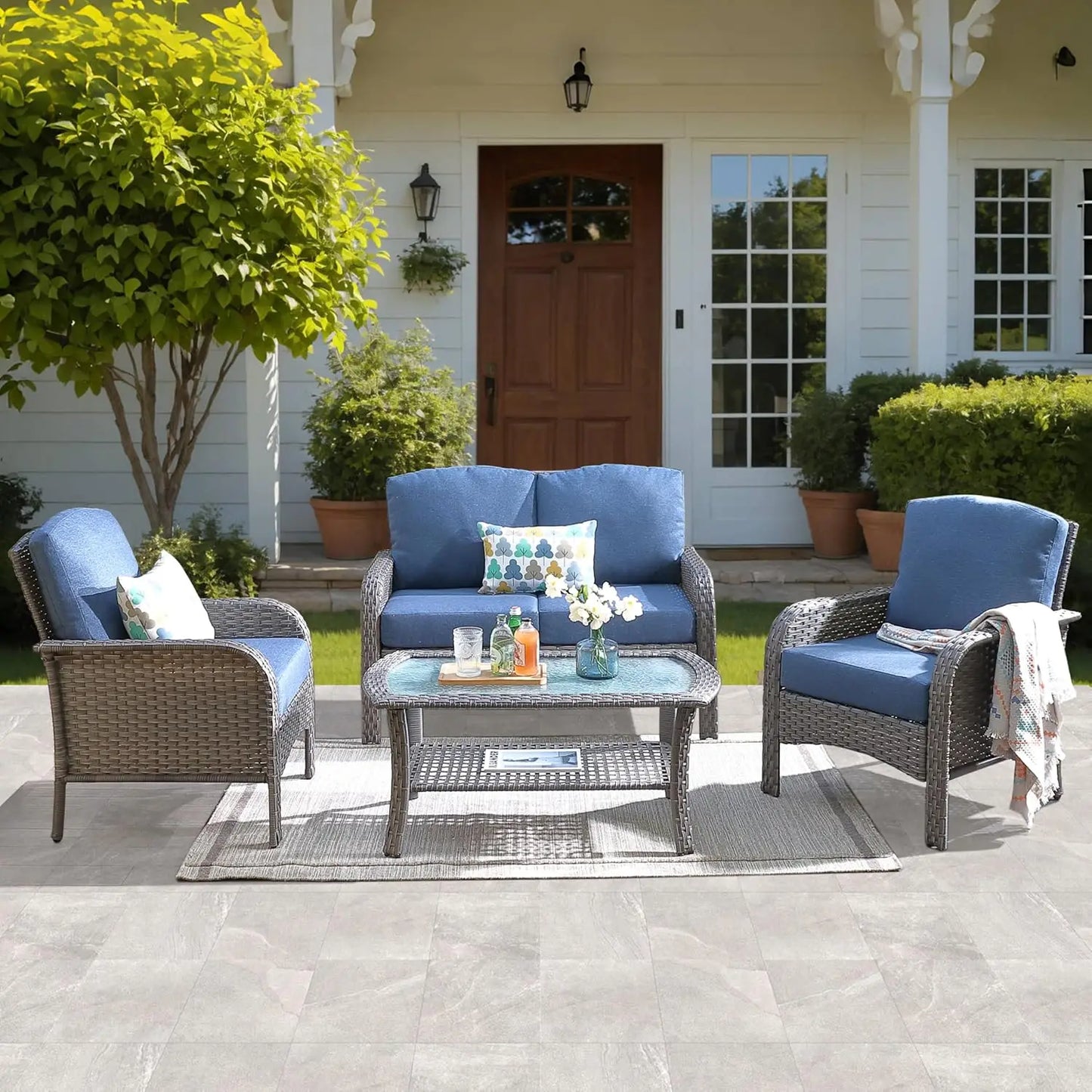 4-Piece Patio Furniture Set, Outdoor Wicker Sofa with Chairs Coffee Table, High Back Rattan Couch Loveseat with, Customized