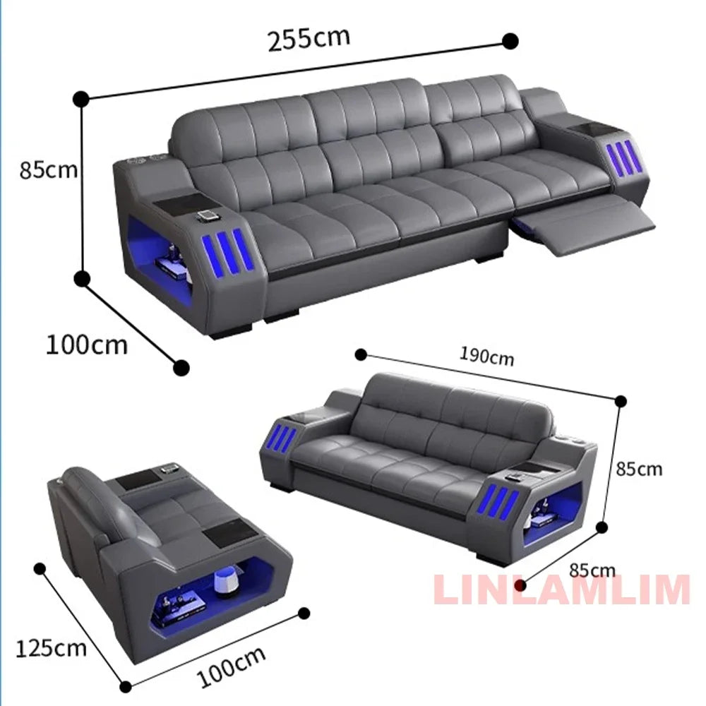 Modern Sectional Sofa Bed with LED Light, Electric Recliner and Massage | Living Room Genuine Leather Couch with Cup Holder, USB