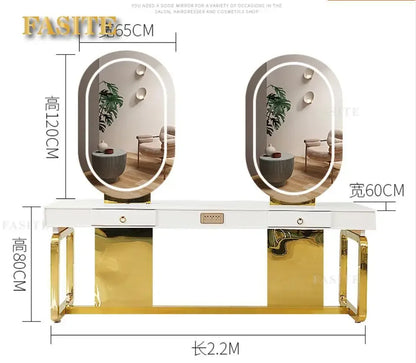 Hairdresser's mirror stand hair salon special solid wood haircut mirror simple barber's table with light