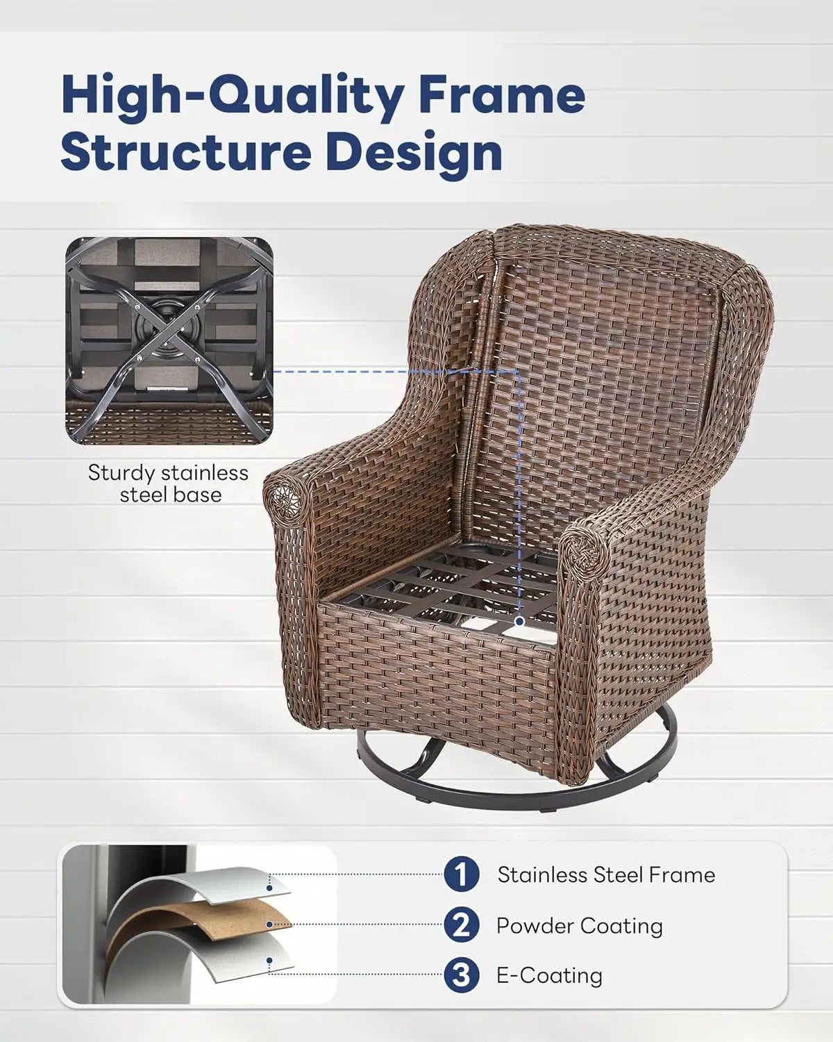 Patio Swivel Chairs Set of 2-High Back Swivel Rocker Outdoor Chair Patio Chair for Deck Porch Lawn Garden Backyard-Brown/Beige