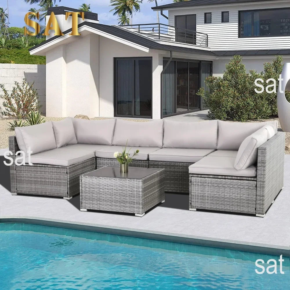 y 7-piece courtyard furniture set, modular wicker outdoor segmented sofa, PE wicker outdoor setL  W   H  28.5*25.6*25.6 inch