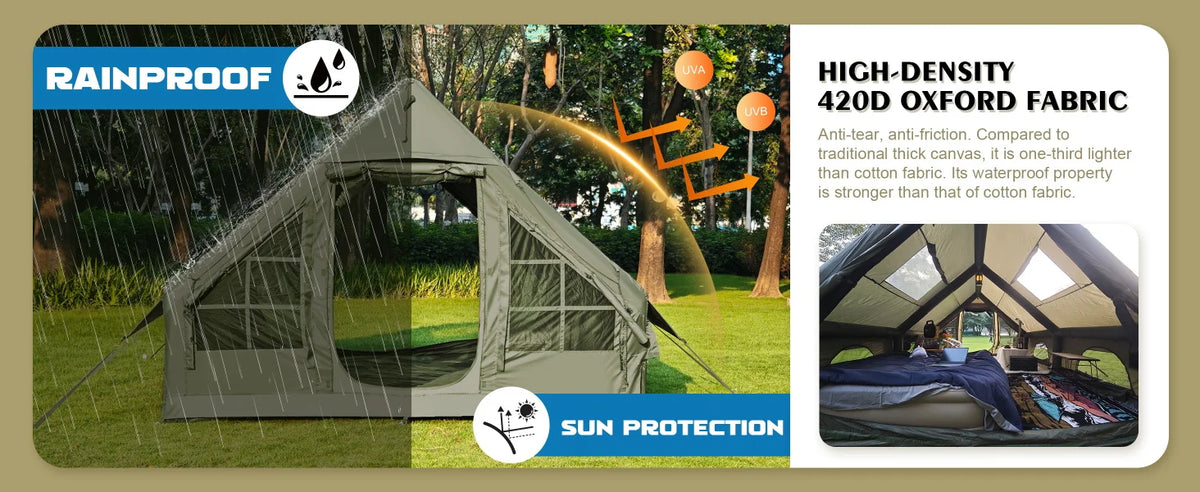 129 Square Feet Green Inflatable Camping Tent with Hand Pump,Waterproof Windproof Outdoor Blow up Tent with Chimney Stack