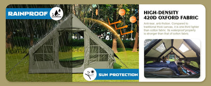 129 Square Feet Green Inflatable Camping Tent with Hand Pump,Waterproof Windproof Outdoor Blow up Tent with Chimney Stack