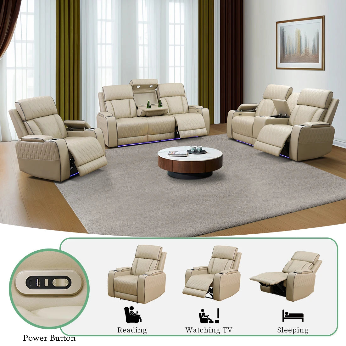 3PCS Power Recliner Sofa with Drop-Down Table Cup Holder, Beige Breathing Leather Power Reclining Sofa Set with Storage Console