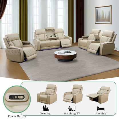 3PCS Power Recliner Sofa with Drop-Down Table Cup Holder, Beige Breathing Leather Power Reclining Sofa Set with Storage Console