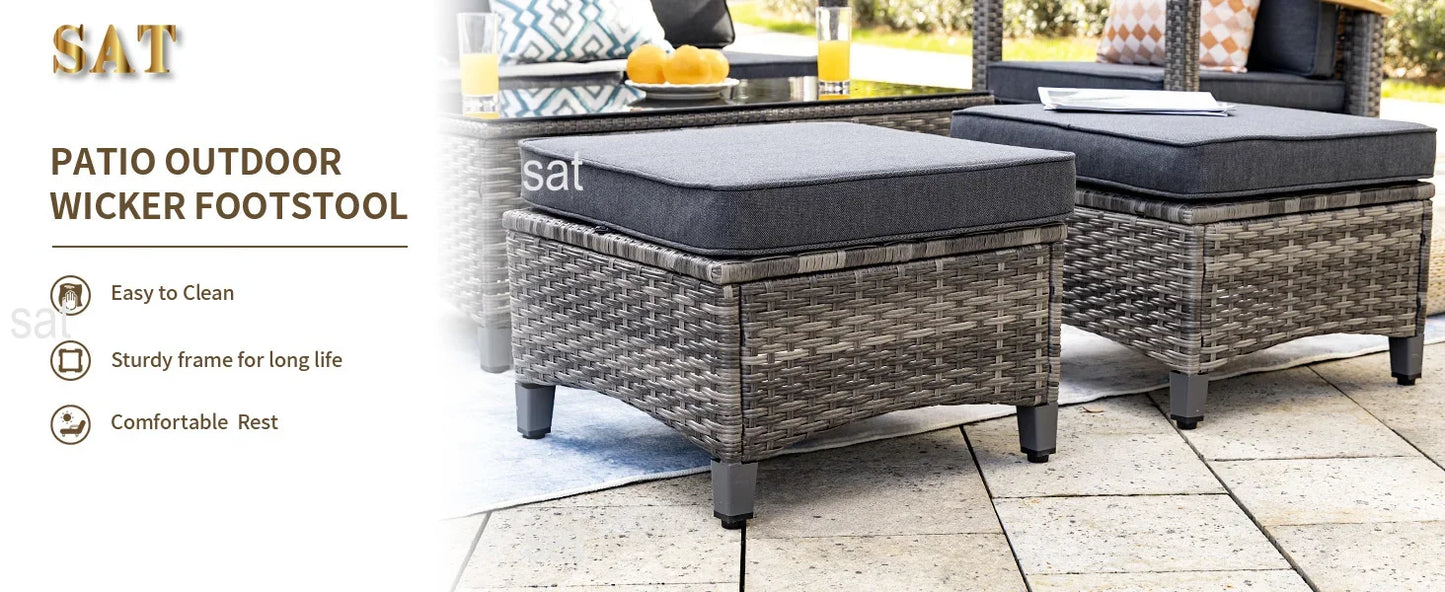 A  6 Pieces Outdoor Rattan Furniture Sets with 2 Wood Armrests Swivel Rocker Chairs, 2 Ottoman, 3-Seat Sofa and Coffee Table