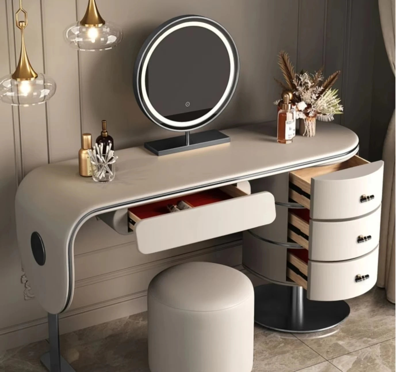 Custom Light Luxury Bedroom Furniture High Quality Wooden Dressing Table Set Smart LED Makeup Mirror Vanity Table with Drawers