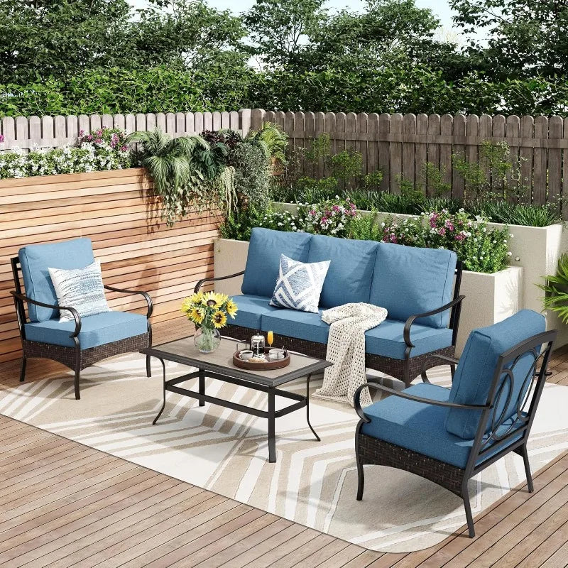 home. Outdoor Modern Patio Furniture Set, Upgraded Wicker&Metal Patio Furniture Conversation Set with Waterproof Thick
