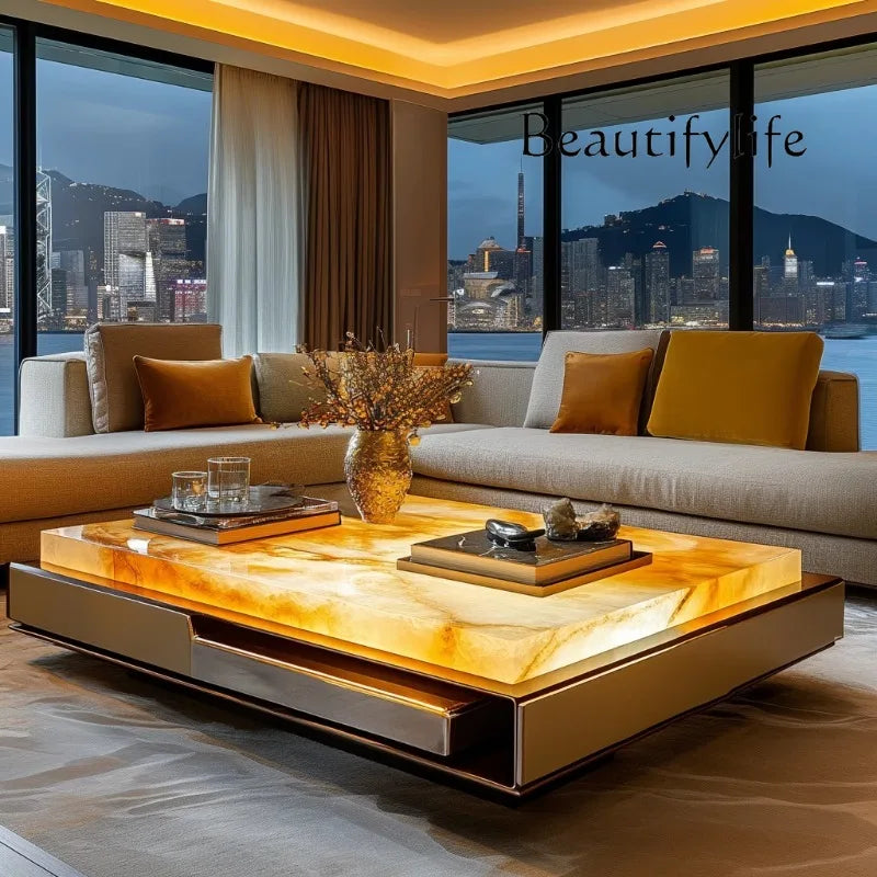 Square luminous jade luxury stone coffee table living room custom square modern luxury stone light luxury villa