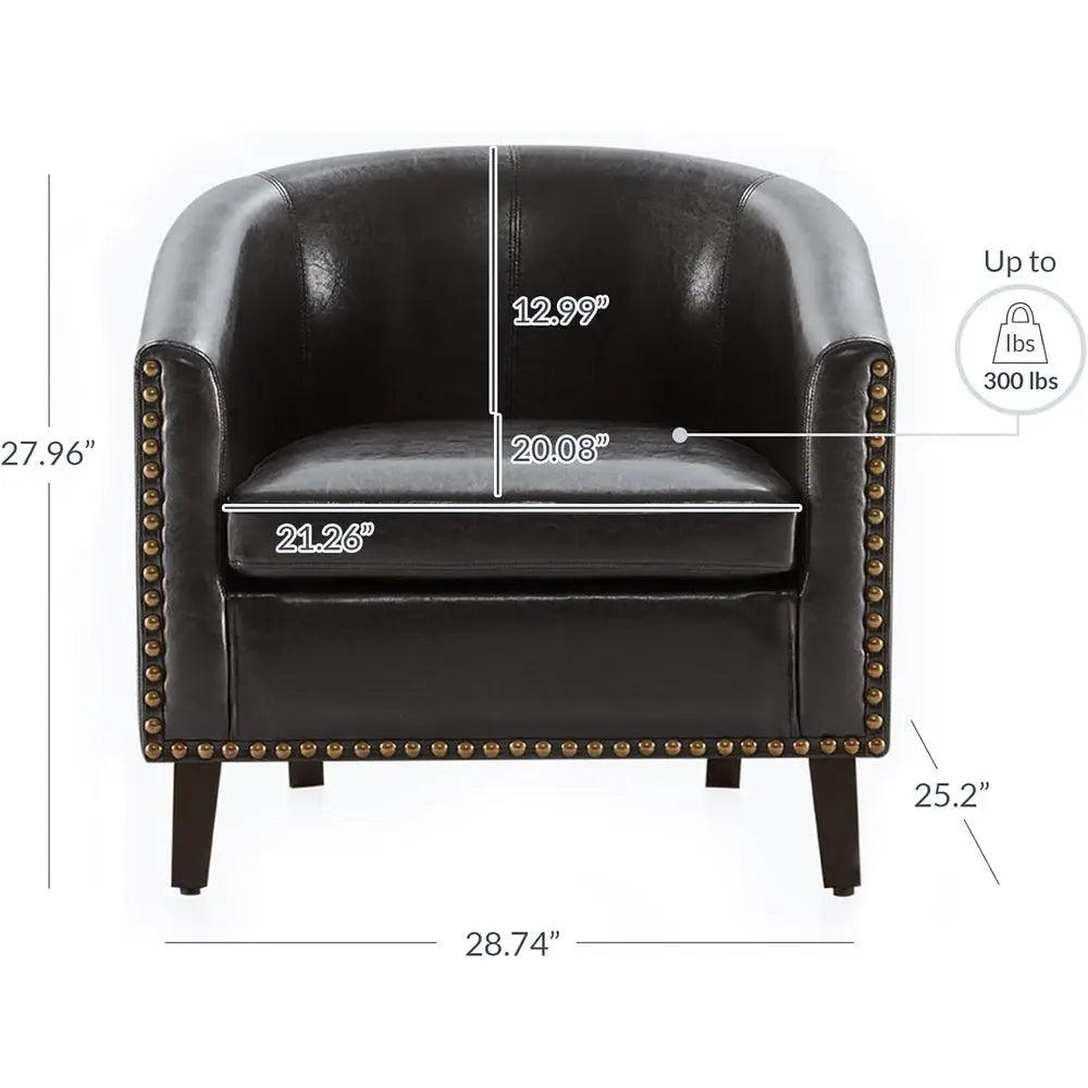 Accent Barrel Chair, Modern Faux Leather Tub Club Chair Upholstered Armchair with Gold Nail Head Trim and Black Legs for Living