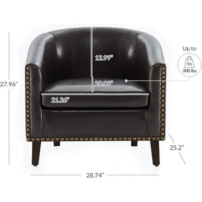 Accent Barrel Chair, Modern Faux Leather Tub Club Chair Upholstered Armchair with Gold Nail Head Trim and Black Legs for Living